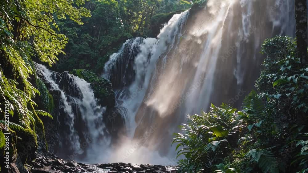 Aufkleber A cascading waterfall in a jungle setting, surrounded by lush greenery and illuminated by soft sunlight filtering through the canopy.

