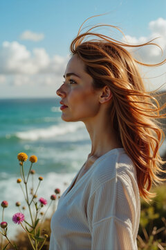 Contemplative young woman on cliff with ocean breeze, seeking clarity