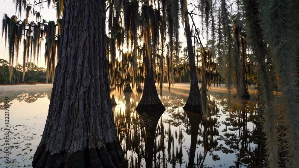 Poster a calm swamp at sunrise, with cypress trees draped in moss and mirrored reflections on the still wat