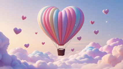 Valentine heart shaped hot air balloon floats gracefully in the sky, surrounded by soft clouds and floating hearts, with pastel colors creating a romantic and joyful vibe for special celebrations.