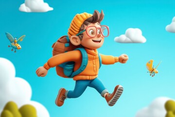 Cheerful Boy Running with Backpack in Bright Sky with Clouds