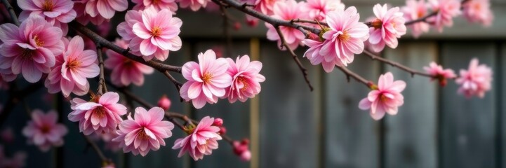 Obraz premium Pink cherry blossoms and their stems against a rustic wooden fence, nature, branches, pink cherry blossom