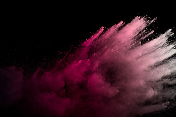 Purple powder explosion. Abstract closeup dust on backdrop.