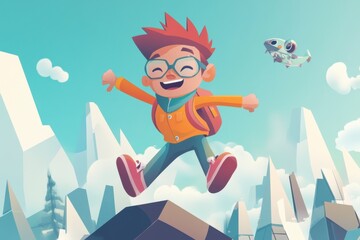 Happy Cartoon Boy Jumping in a Colorful Mountain Landscape