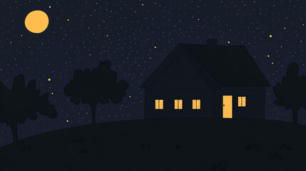 Naklejka premium House at night, building with glowing windows in the dark, cartoon vector illustration