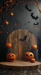 Festive Halloween Scene with Pumpkins and Bats on Dark Background