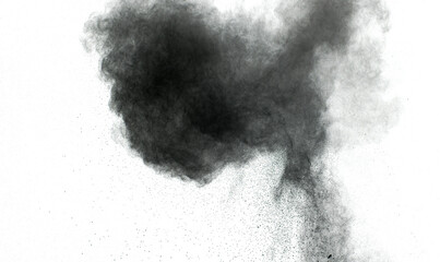 Black powder explosion against white background. Black dust particles splashing.