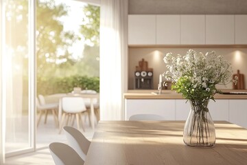 bright and open kitchen-dining space featuring white cabinets wooden dining table and modern white chairs