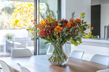 Fototapeta premium bright and open kitchen-dining space featuring white cabinets wooden dining table and modern white chairs