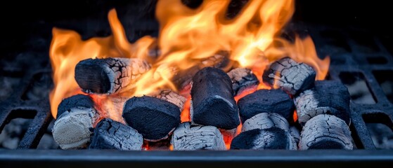 Fiery Charcoal Briquettes Burning  BBQ Grill  Hot Embers  Summertime Cooking