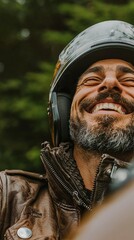 Happy Motorcyclist in Autumn  Leather Jacket  Helmet  Ride
