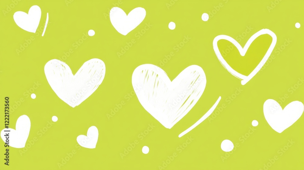 Poster bright and joyful clipart features simple white hearts scattered across a vibrant green background. 