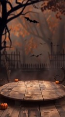 Spooky Halloween Scene with Bats and Rustic Wooden Platform