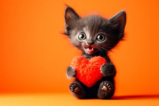 Promotion concept art. Lykoi - my beloved cat. Cute lykoi kitty with fluffy red heart - emblem of love, funny greeting card. Valentine's love decor. Romantic pet valentine ideas. Animal love.