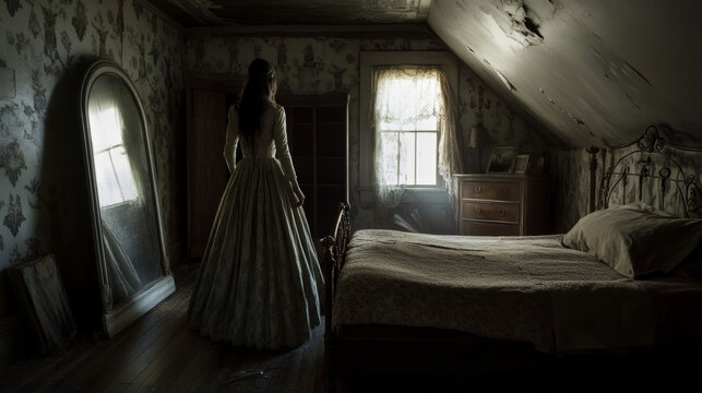 Haunted house interior - ghost of young woman in ball dress standing in atic bedroom with bed and mirror, closet and window. Cartoon vector illustration of home room with dead princess or queen.