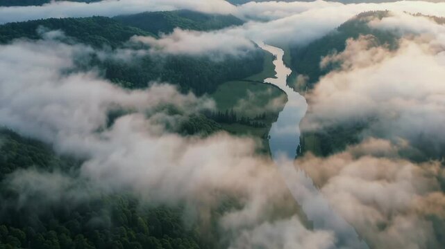 A dense fog rolling over a peaceful valley with patches of forest and a winding river disappearing into the mist.
