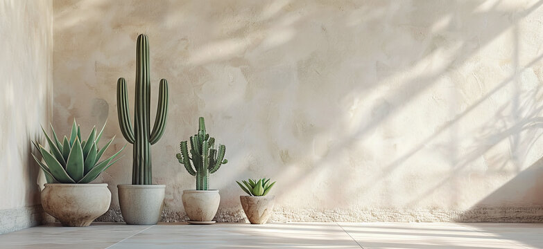 Rustic backdrop with cacti houseplants and warm sunlight. Beige sandy wall with vibrant potted cacti and tropical plants. Minimalist home interior design with greenery. Ideal for a virtual meeting set