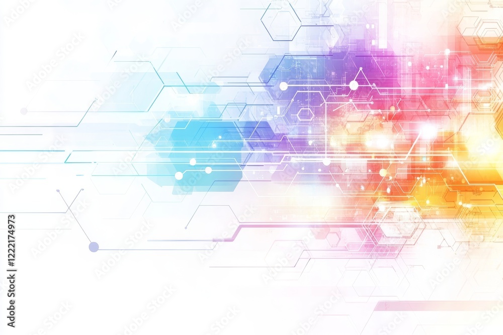 Poster abstract technological background with hexagonal circuitry and soft color palette