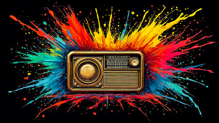 A vintage radio sits at the center of an explosion of colorful paint splashes, showcasing a vibrant blend of hues.
