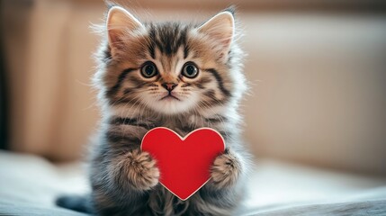 Tender kitten holding a valentine greeting card with a red heart shape creating a cute and affectionate atmosphere for February 14 celebrations