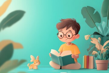 Happy Child Reading a Book with a Cute Toy in a Bright Room