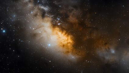 Fototapeta premium Cosmic nebula with orange and yellow hues, stars, and interstellar dust.