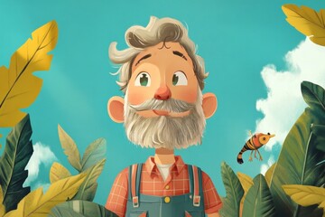 Friendly Cartoon Farmer Smiling Among Lush Green Leaves and Sky