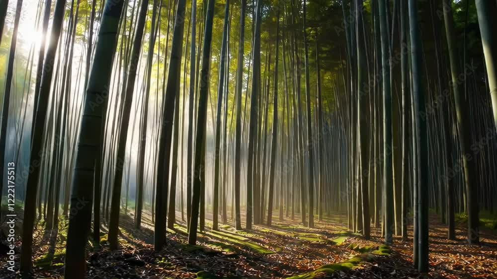 Poster a peaceful morning in a bamboo forest, with sunlight filtering through the tall green stalks and sof