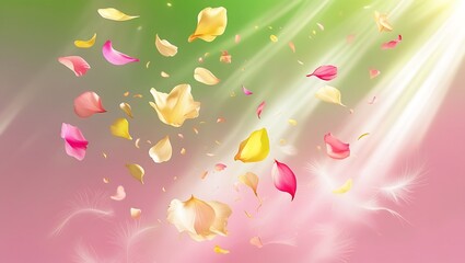 A vibrant gradient background fading from bright green to pastel pink, with colorful flower petals gently falling, soft sunlight streaming through, and a whimsical, dreamy atmosphere.