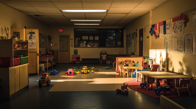 Kindergarten playing room interior at night. Cartoon vector illustration of dark empty nursery classroom with furniture, equipment and kid toys. Closed daycare and montessori indoor playground.