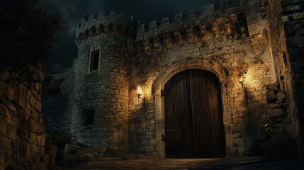 Fototapeta premium Medieval castle with stone wall, wooden door and glowing windows at night. Vector cartoon illustration of old fortress or temple exterior with closed gate with knob