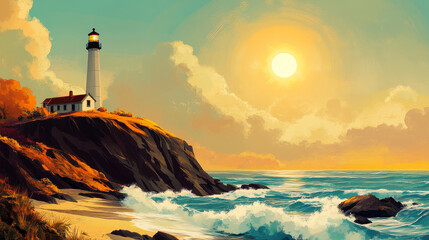 Fototapeta premium Lighthouse on sea coast. Summer landscape of ocean beach with beacon and building on cliff. Vector cartoon illustration of seascape with nautical navigation tower. Ocean shore with light house