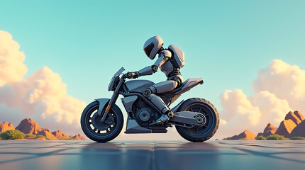 A humanoid robot rides a sleek motorcycle against a backdrop of rolling hills and colorful clouds during sunset. The scene reflects innovation and adventure in a serene landscape.