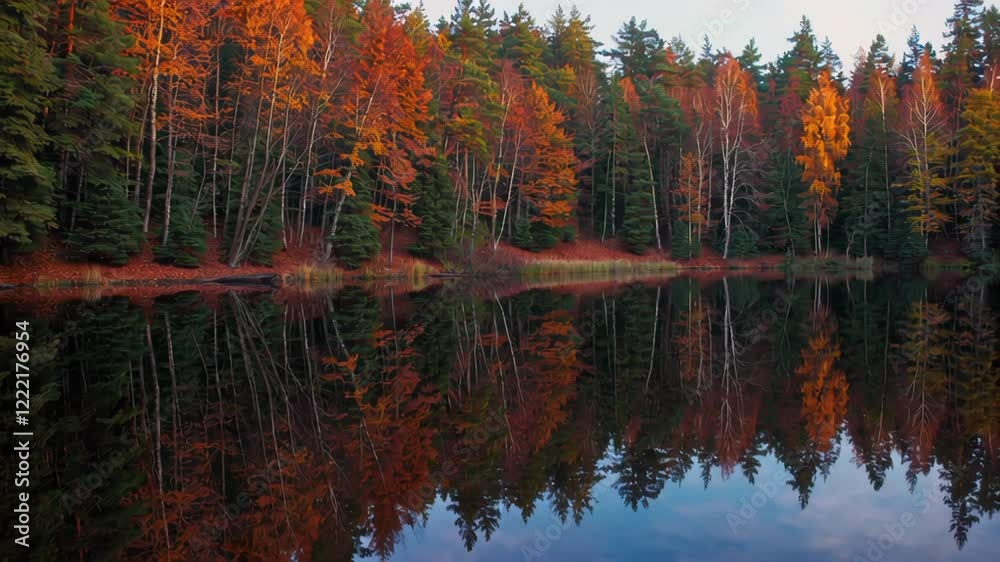 Poster A serene forest lake with autumn trees reflecting perfectly on its mirror-like surface, surrounded by fallen leaves on the shore.
