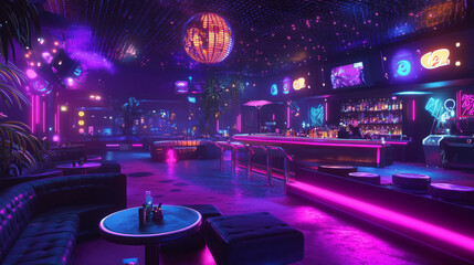 Nightclub with bar counter, tables, dj console and dance floor illuminated by disco ball and spotlights. Vector cartoon interior of night party in dance club with glowing scene and neon lamps