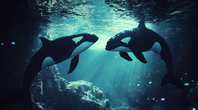 Killer whales swimming near a massive underwater cavern, bioluminescent plankton glowing around them