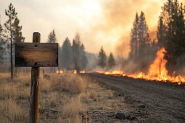 Analysis and Global Warming concept. Burning landscape with a wooden sign near a smoky forest fire.
