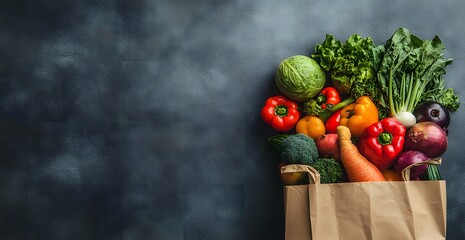 Fresh vegetables overflowing from a paper bag on dark background.