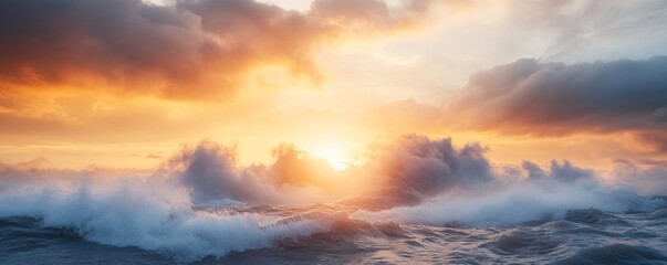 Fototapeta premium Analysis and Global Warming concept. Vibrant sunset over ocean waves with dramatic clouds.