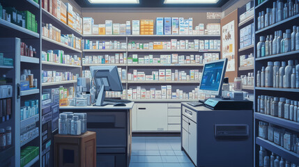 Pharmacy interior with drugs on shelves. Vector cartoon illustration of drugstore selling medication, cosmetic bottles, boxes of pills, tablets on shelf, computer on cash desk, pharmaceutical business