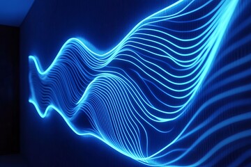 3d render, abstract minimal neon background with glowing wavy line. Dark wall illuminated with led lamps. Blue futuristic wallpaper