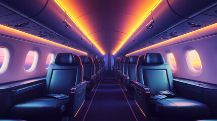 Fototapeta premium Business class in plane empty interior. Private jet or luxury airplane cabin inside view with comfortable seats. Illuminated salon aisle with chairs for vip persons travel, Cartoon vector illustration