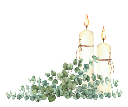 Burning candles with Eucalyptus silver dollar plant green branches Religious Watercolor hand drawn arrangement for first communion, Easter, baptism, wedding card isolated from background illustration