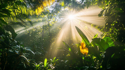 Summer jungle forest landscape with magic sunlight beam. Mysterious wild vector illustration with sun light ray, liana on palm trees and glade. Tropical meadow with rock on ground and green plants