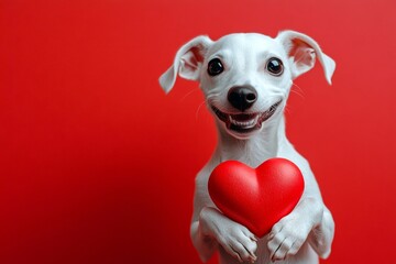 Cute saluki doggy with critter toy red heart - emblem of love, funny greeting card. Ad campaign visual idea art. Saluki - my desired dog. Valentine's dog ideas. Romantic pet moments. Red hear.
