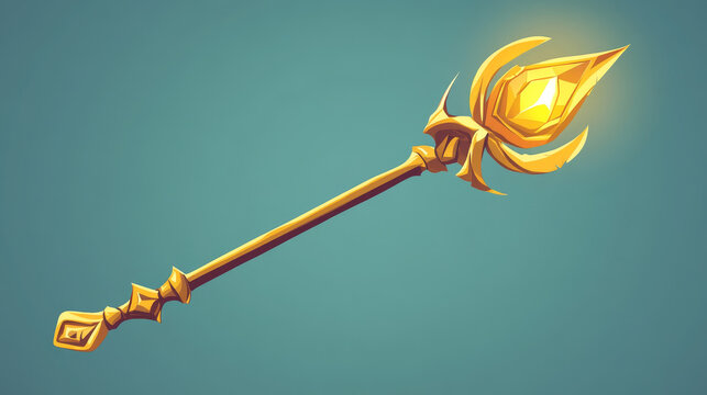 Golden trident staff set isolated on background. Vector cartoon illustration of magic wooden stick with iron weapon tip decorated with yellow gemstone, wizard tool, game rank asset, progress symbol