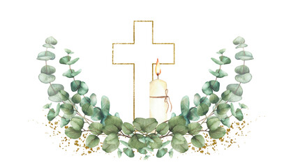 Golden Cross with burning candle and green eucalyptus branches on gold splashes and stains. Watercolor painted illustration. Semicircular composition for christening, wedding. Isolated from background © Bartol_art