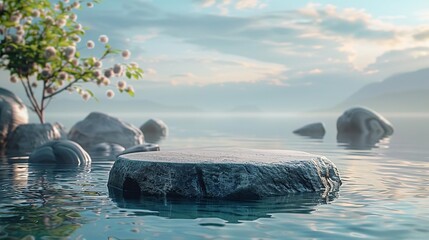 a stone in the water with a tree in the background