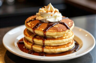 A small cafe hosting a Pancake Day special: stacks of golden pancakes served with unique toppings