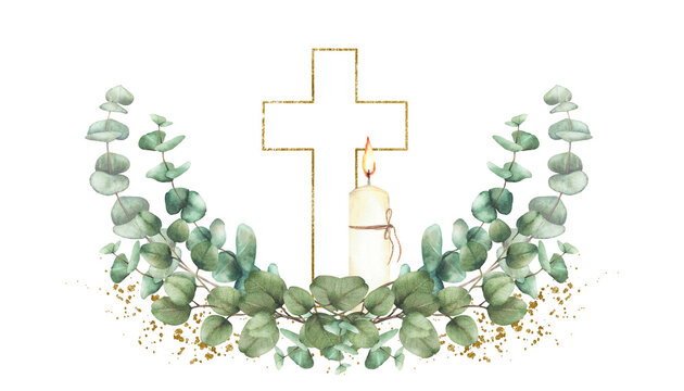 Golden Cross with burning candle and green eucalyptus branches on gold splashes and stains. Watercolor painted illustration. Semicircular composition for christening, wedding. Isolated from background - Powered by Adobe